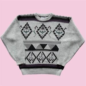 Vintage 90s Estate Geometric Diamond Knit Sweater Crewneck Grey Large